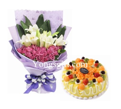 Happy Birthday Flower Bouquet with Cake - SmitCreation.com